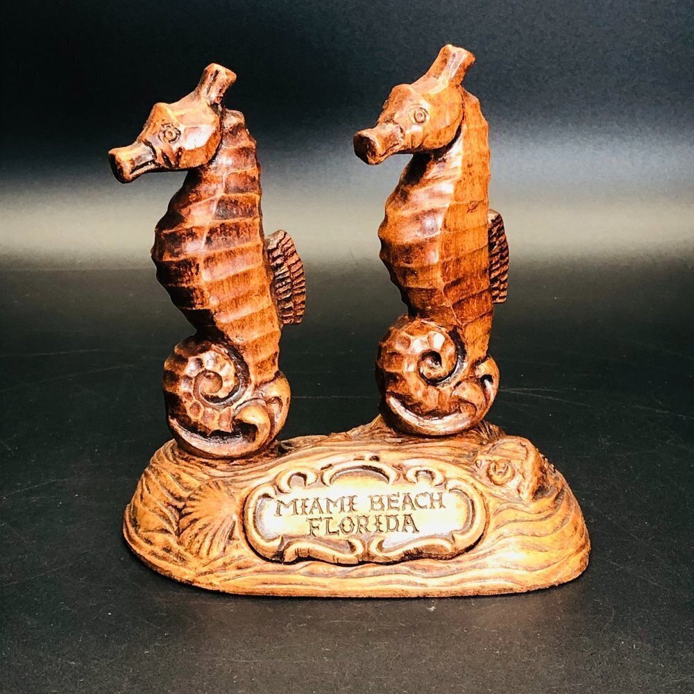 70s Treasure Craft Miami Seahorse Salt Pepper Shaker Stand Set Beach Party